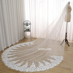 Cathedral Lace Appliqué Wedding Veil – Long Soft Tulle Bridal Veil with Scalloped Embroidered Edge by FAIRYLAND