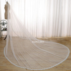 Cathedral Length Wedding Veil with Delicate Beaded Lace Edge – Soft Tulle Bridal Veil by FAIRYLAND