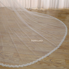 Cathedral Length Wedding Veil with Delicate Beaded Lace Edge – Soft Tulle Bridal Veil by FAIRYLAND