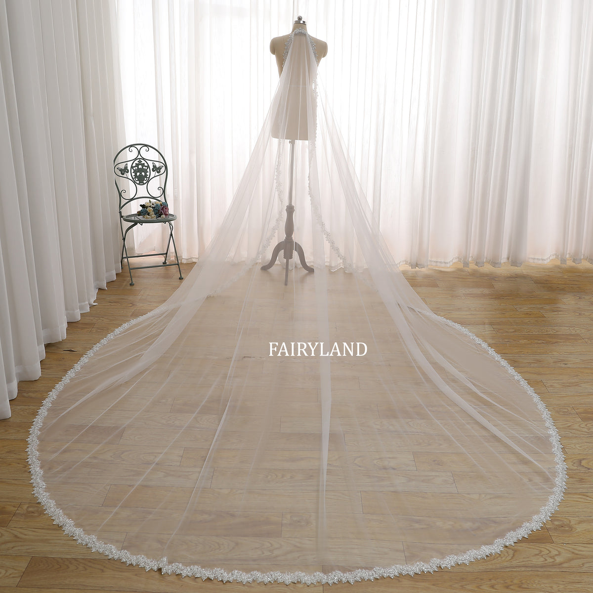 Cathedral Length Wedding Veil with Delicate Beaded Lace Edge – Soft Tulle Bridal Veil by FAIRYLAND