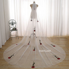 Romantic Rose Embroidered Cathedral Veil – Long Wedding Train Veil with Red Floral Appliqués