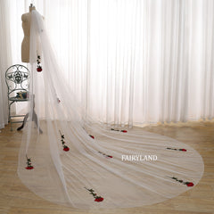 Romantic Rose Embroidered Cathedral Veil – Long Wedding Train Veil with Red Floral Appliqués