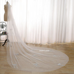 Cathedral Length Bow Embroidered Wedding Veil – Long Soft Tulle Bridal Veil with Delicate Appliqués by FAIRYLAND