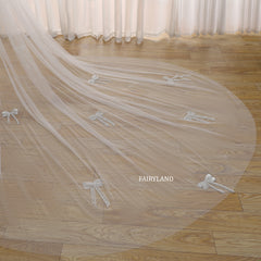 Cathedral Length Bow Embroidered Wedding Veil – Long Soft Tulle Bridal Veil with Delicate Appliqués by FAIRYLAND
