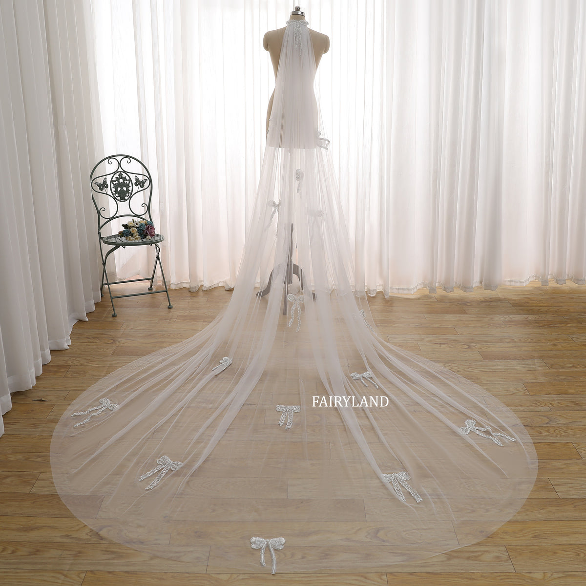 Cathedral Length Bow Embroidered Wedding Veil – Long Soft Tulle Bridal Veil with Delicate Appliqués by FAIRYLAND