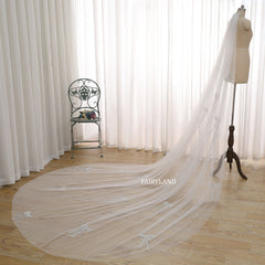 Cathedral Length Bow Embroidered Wedding Veil – Long Soft Tulle Bridal Veil with Delicate Appliqués by FAIRYLAND