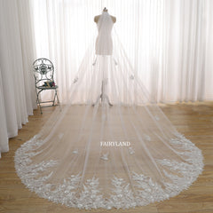 Bridal Veil with Sequins Leaf Embroidery – Long Soft Tulle Wedding Veil featuring Scalloped Floral Edge by FAIRYLAND