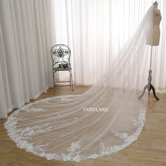 Cathedral Length Wedding Veil with Floral Embroidered Lace Appliqué – Soft Tulle Bridal Veil by FAIRYLAND