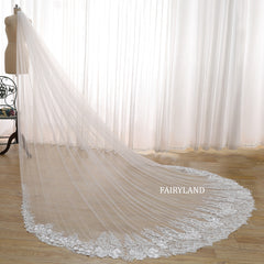 Cathedral Length Wedding Veil with Sequins Appliqué – Soft Tulle Bridal Veil with Elegant Scalloped Train