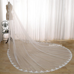 Cathedral Length Wedding Veil with Floral Lace Edge – Sheer Soft Tulle Bridal Veil for Elegant Timeless Weddings