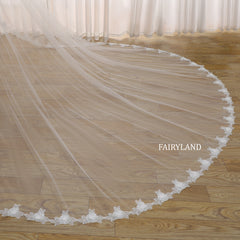 Cathedral Length Wedding Veil with Floral Lace Edge – Sheer Soft Tulle Bridal Veil for Elegant Timeless Weddings