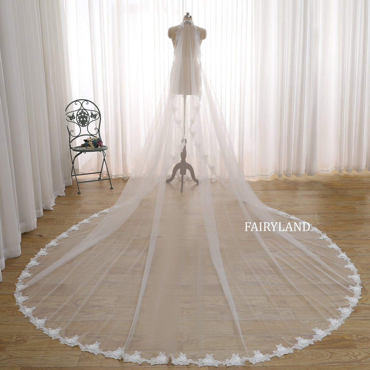 Cathedral Length Wedding Veil with Floral Lace Edge – Sheer Soft Tulle Bridal Veil for Elegant Timeless Weddings