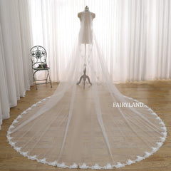 Cathedral Length Wedding Veil with Floral Lace Edge – Sheer Soft Tulle Bridal Veil for Elegant Timeless Weddings