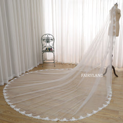 Cathedral Length Wedding Veil with Floral Lace Edge – Sheer Soft Tulle Bridal Veil for Elegant Timeless Weddings