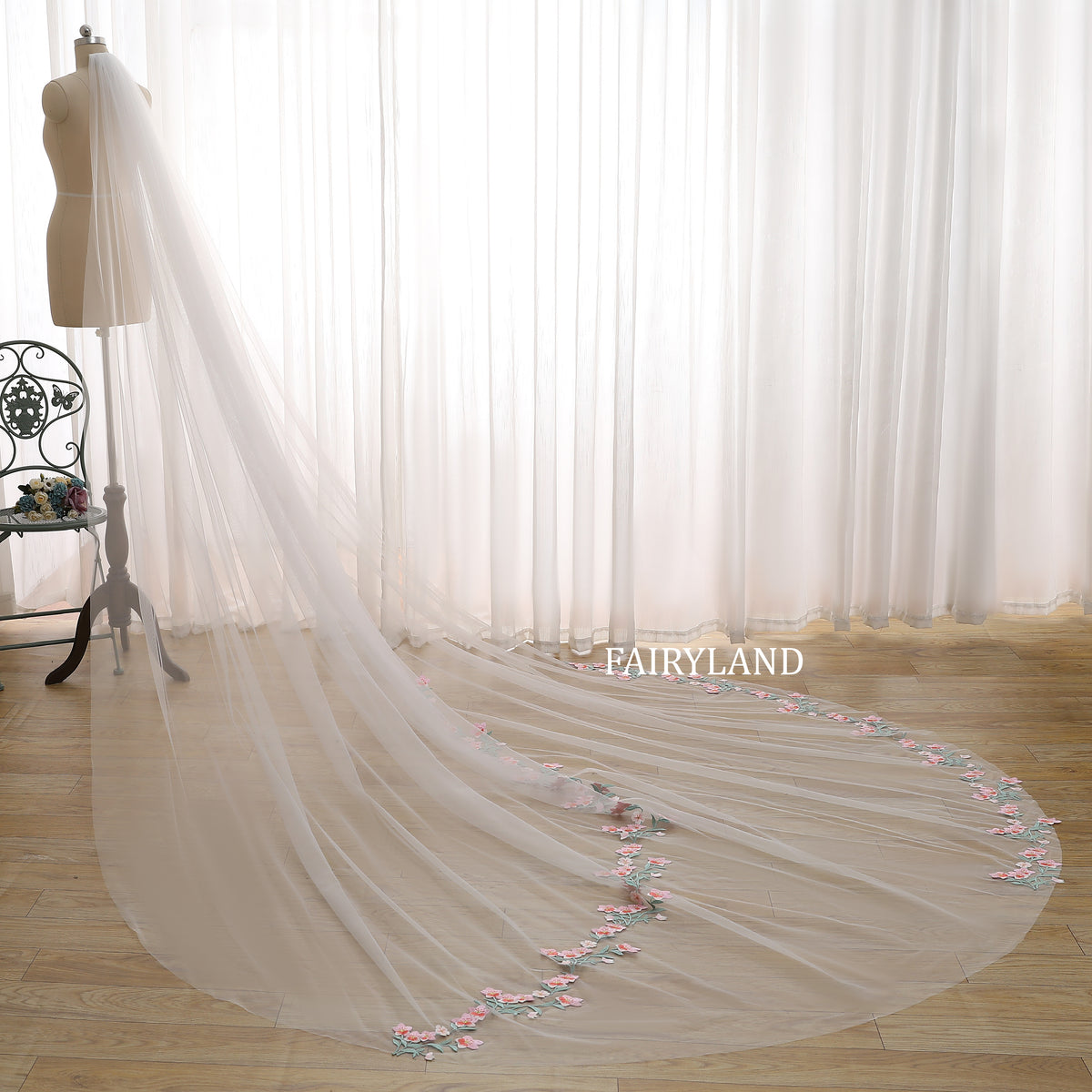 Wedding Veil with Pink Floral Embroidered Appliqué – Long Soft Tulle Bridal Veil with 3D Flowers