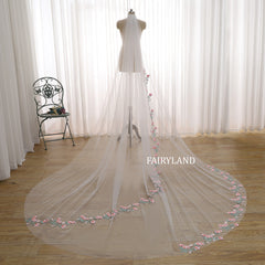 Wedding Veil with Pink Floral Embroidered Appliqué – Long Soft Tulle Bridal Veil with 3D Flowers