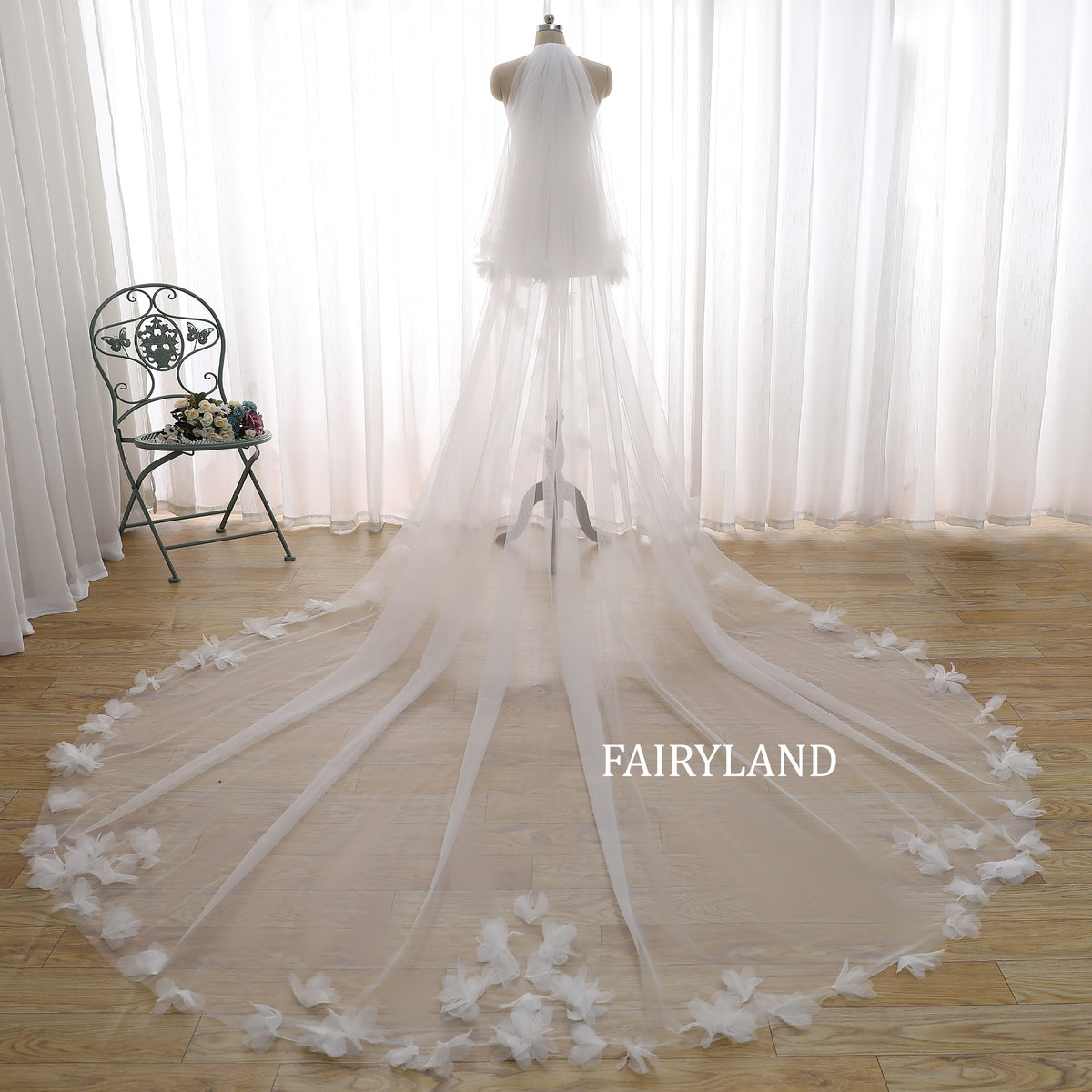 Fairyland 3D Floral Cathedral Veil | Elegant Long Wedding Veil in Soft Tulle