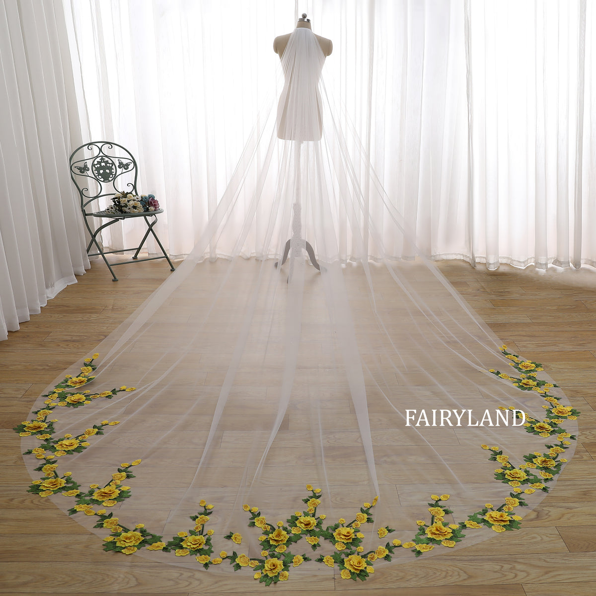 Long Cathedral Wedding Veil with Yellow Floral Embroidery | Romantic Bridal Veil | Fairyland Lace Edge Veil