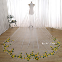 Long Cathedral Wedding Veil with Yellow Floral Embroidery | Romantic Bridal Veil | Fairyland Lace Edge Veil