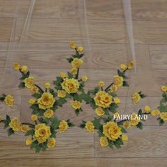 Long Cathedral Wedding Veil with Yellow Floral Embroidery | Romantic Bridal Veil | Fairyland Lace Edge Veil