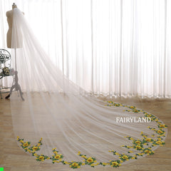 Long Cathedral Wedding Veil with Yellow Floral Embroidery | Romantic Bridal Veil | Fairyland Lace Edge Veil