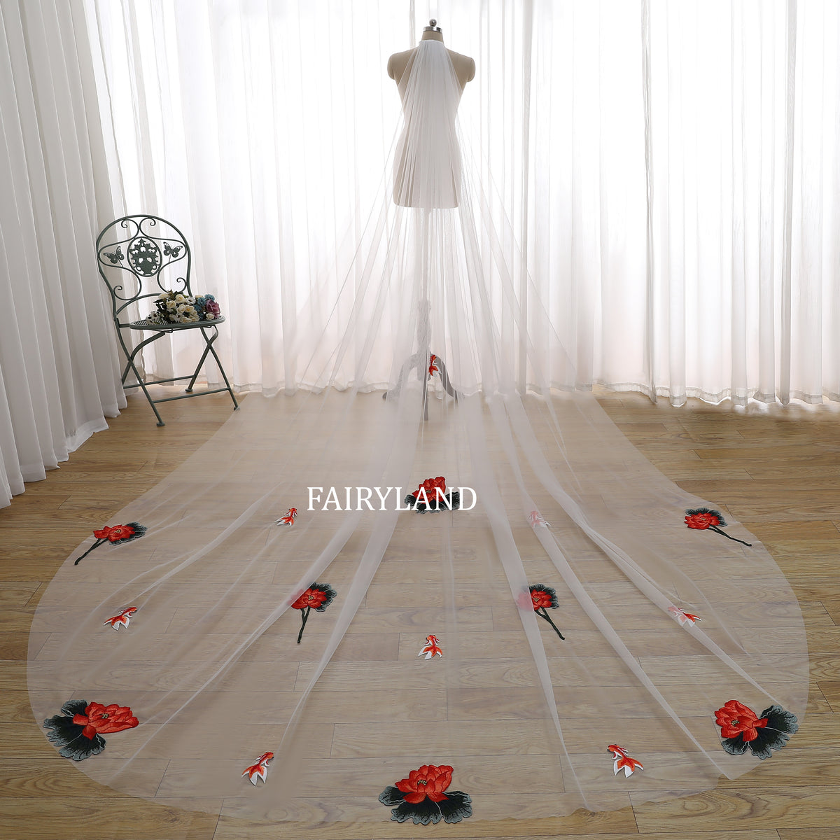 Cathedral Length Wedding Veil with Red Lotus and Koi Embroidery | Oriental Bridal Veil by FAIRYLAND