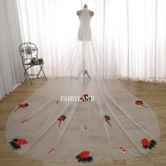 Cathedral Length Wedding Veil with Red Lotus and Koi Embroidery | Oriental Bridal Veil by FAIRYLAND