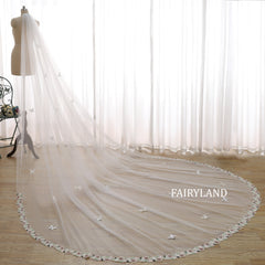 Cathedral Length Wedding Veil with 3D Butterflies and Floral Lace Edge | Fairyland Romantic Bridal Veil