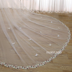 Cathedral Length Wedding Veil with 3D Butterflies and Floral Lace Edge | Fairyland Romantic Bridal Veil