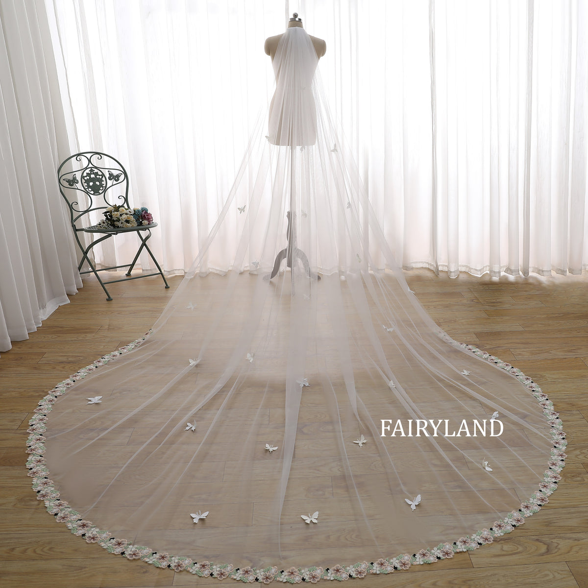 Cathedral Length Wedding Veil with 3D Butterflies and Floral Lace Edge | Fairyland Romantic Bridal Veil