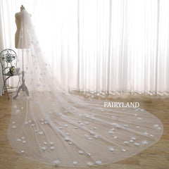 Cathedral Length Wedding Veil with 3D Floral Appliqué | Romantic Long Bridal Veil by FAIRYLAND