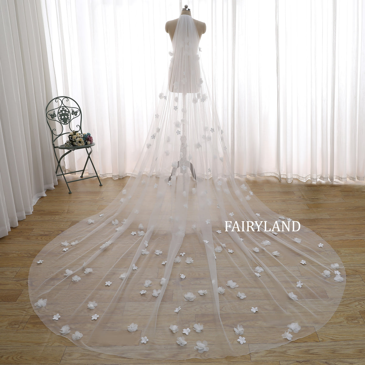 Cathedral Length Wedding Veil with 3D Floral Appliqué | Romantic Long Bridal Veil by FAIRYLAND