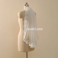 Lace Trim Wedding Veil, Short Fingertip Bridal Veil, Ivory Veil For Wedding