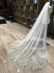 Colorful Wild Flower Wedding Veil, Super Fairy Colorful Lace Bridal Veil, Blue Pink Flower Veil, Custom Hand Made Veil