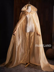 Golden Organza Hooded Cape – Shimmering Bridal Cloak with Beaded Embellished Hood
