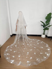 Cathedral Length Wedding Veil with 3D Floral Appliqués – Soft Tulle Romantic Bridal Veil