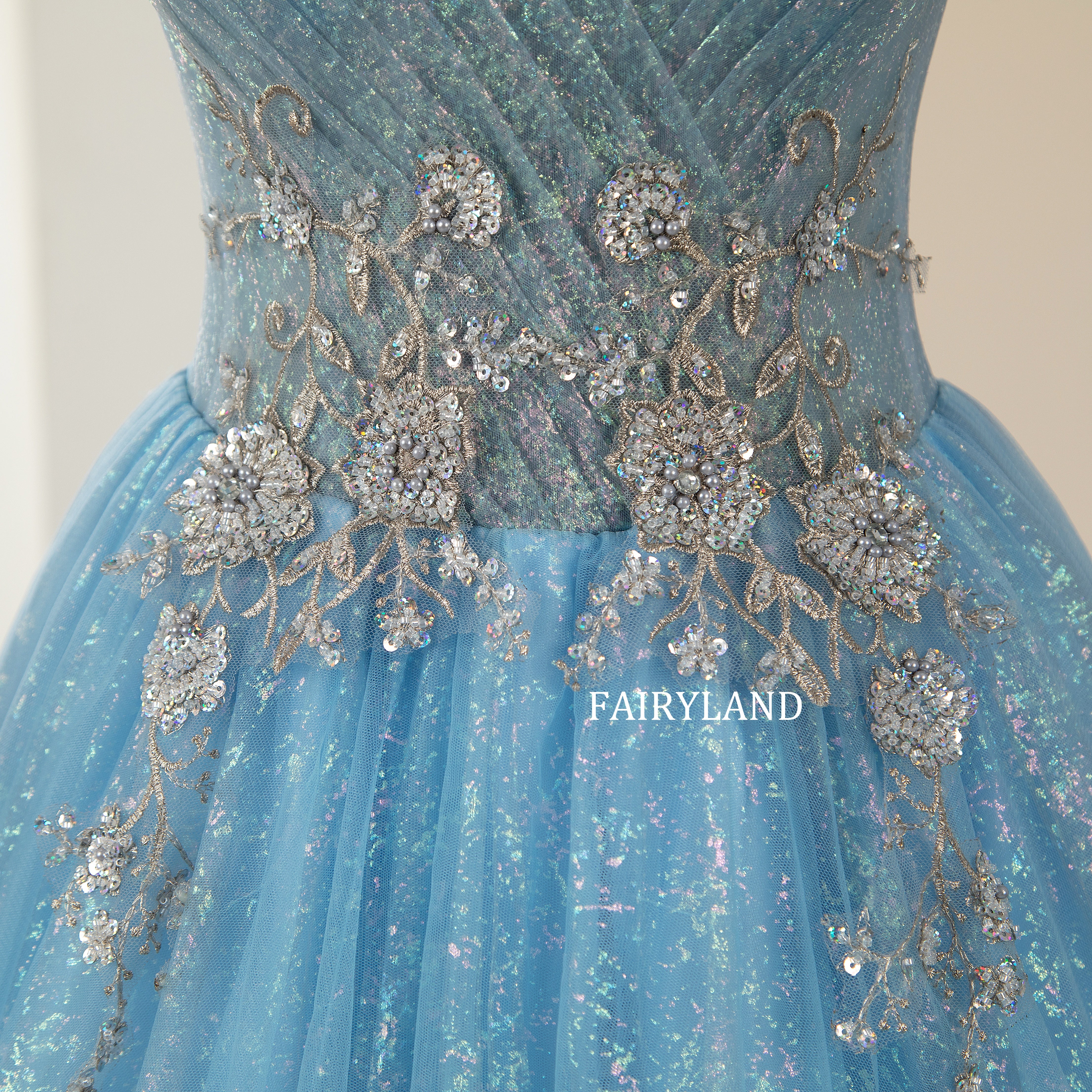 Elegant Blue Lace Flower Sequins Prom Dresses Ball Gown