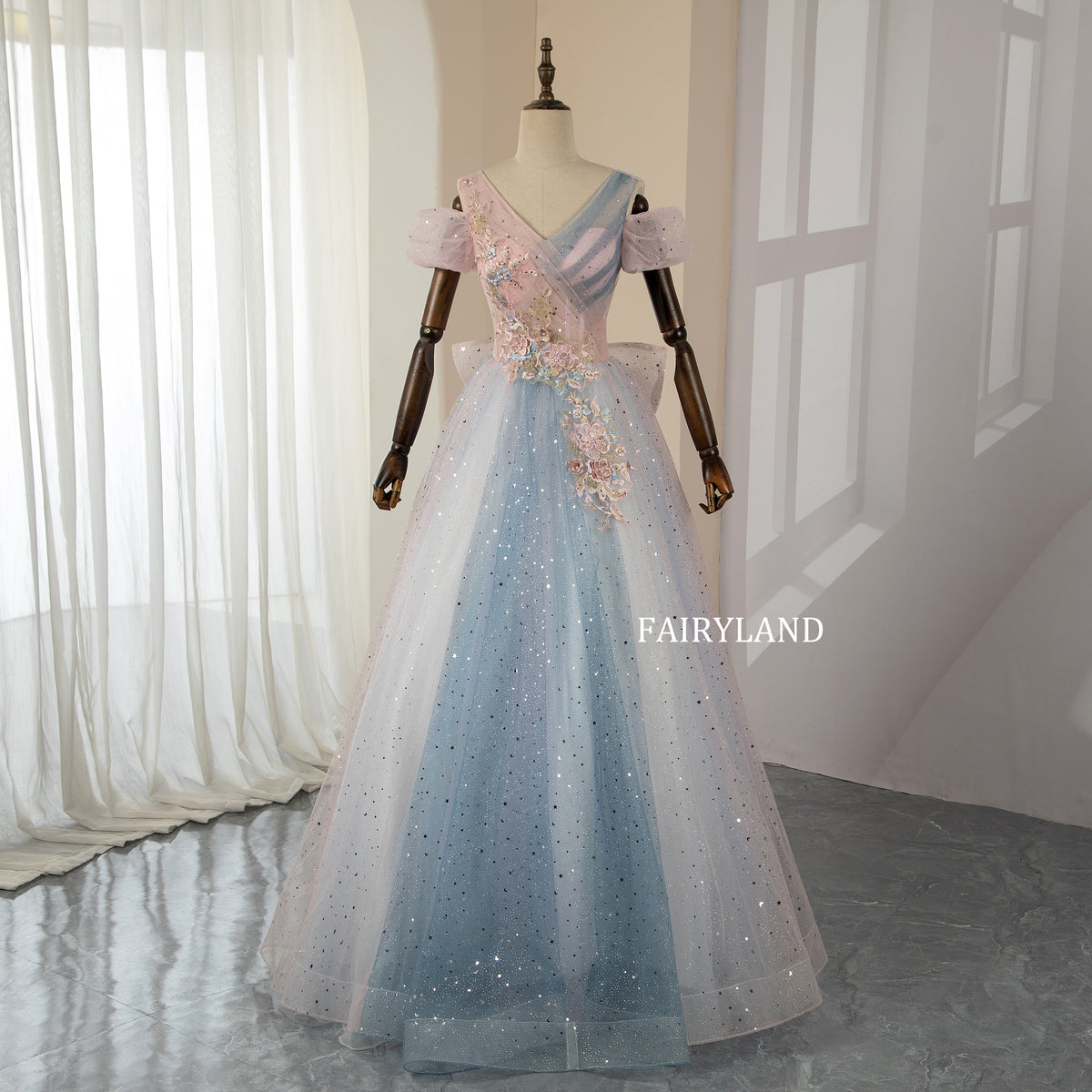 Off-shoulder Gradient-Color Tulle Glitter Sequined Stars Prom Dress