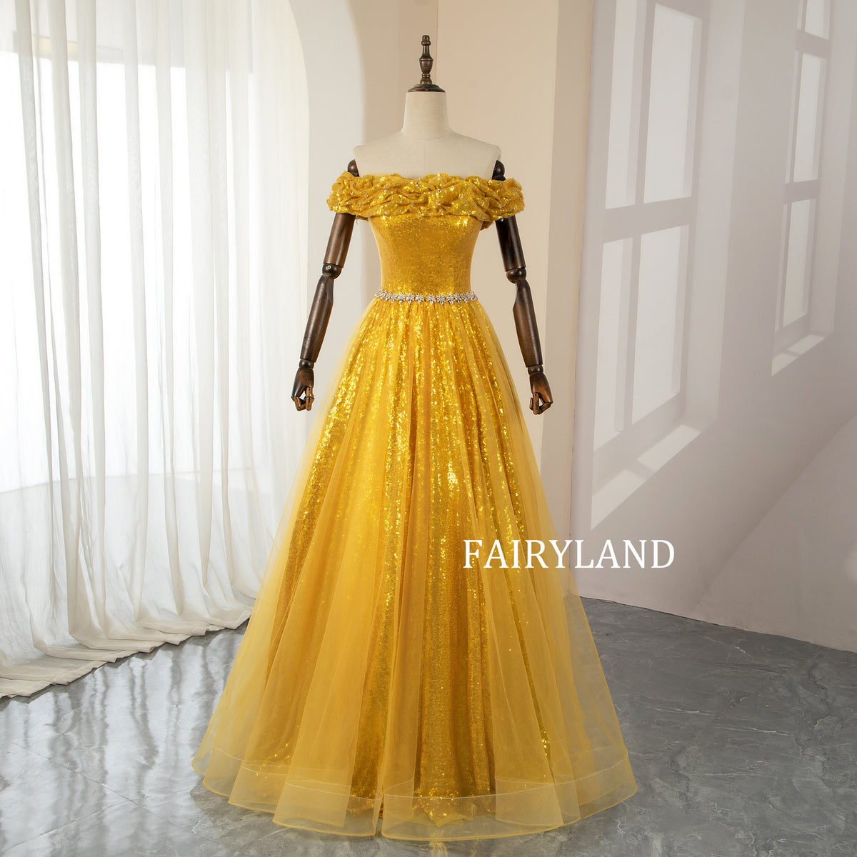 Off-The-Shoulder Floor-length Sparkly Yellow Sequins Prom Dresses