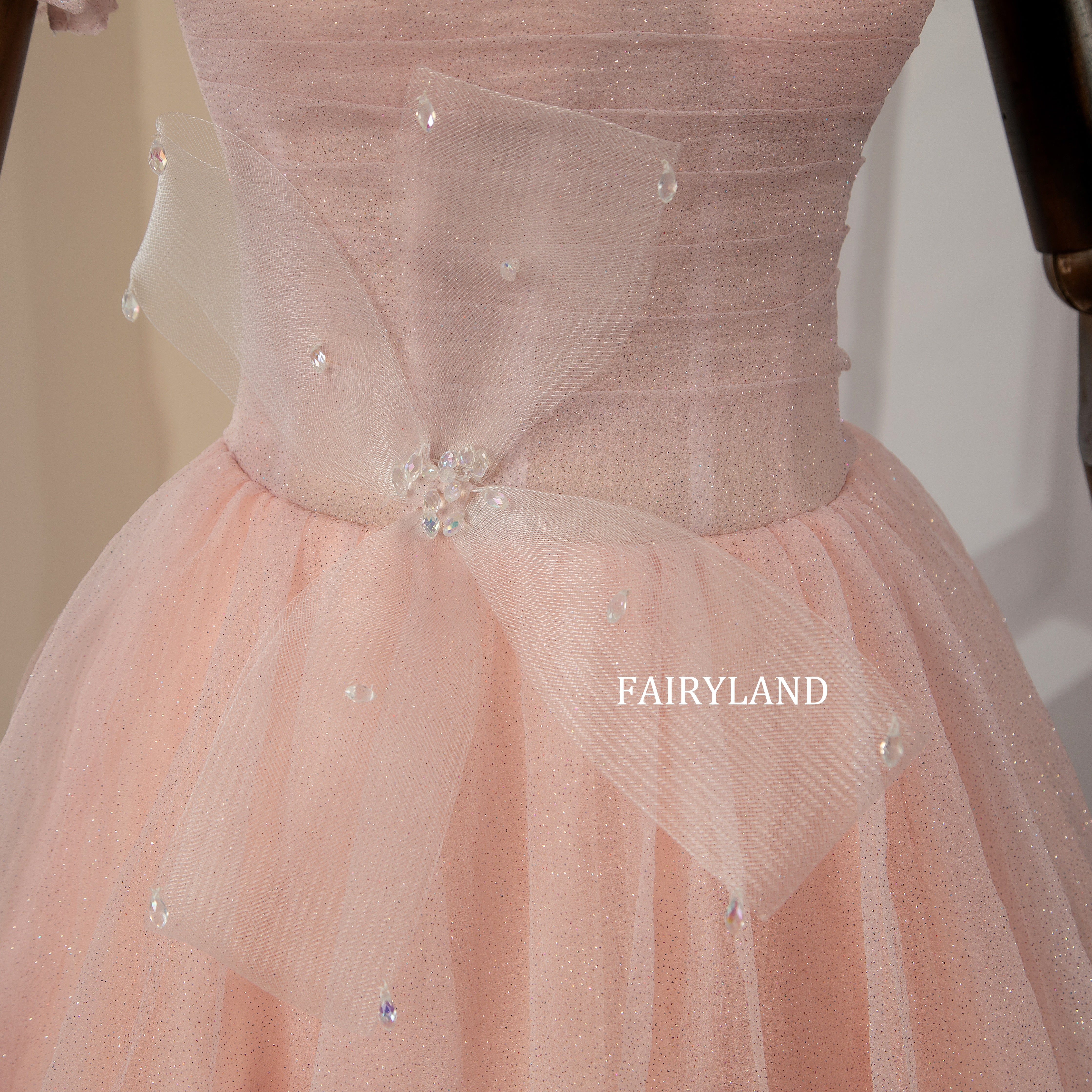 Glitter Tulle Candy Pink Puff Sleeve Ball Gown