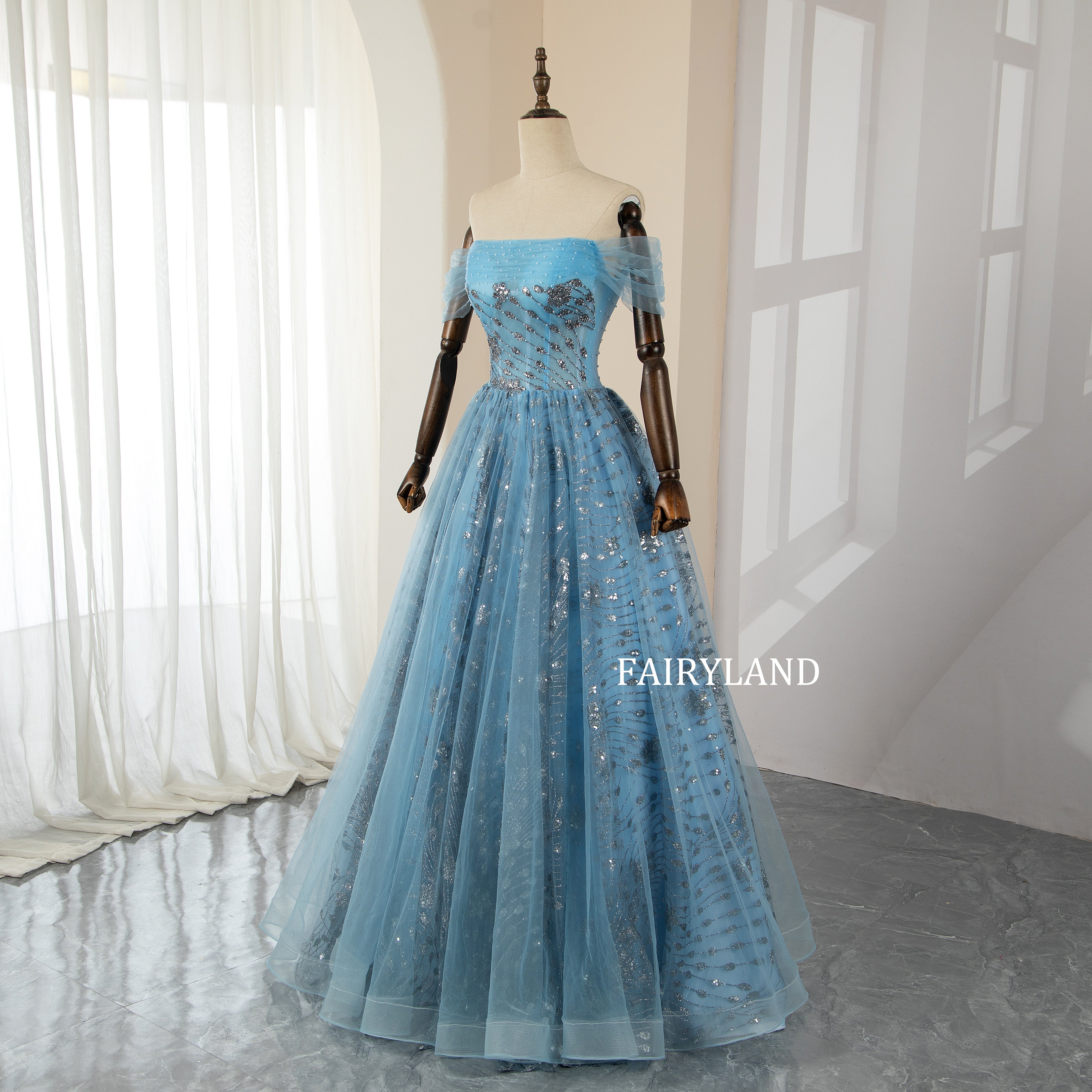 Off-Shoulder Blue Tulle Sliver Sequins Princess Dress for Prom FAIRYLAND Off-Shoulder Blue Tulle Sliver Sequins Princess Dress for Prom FAIRYLAND