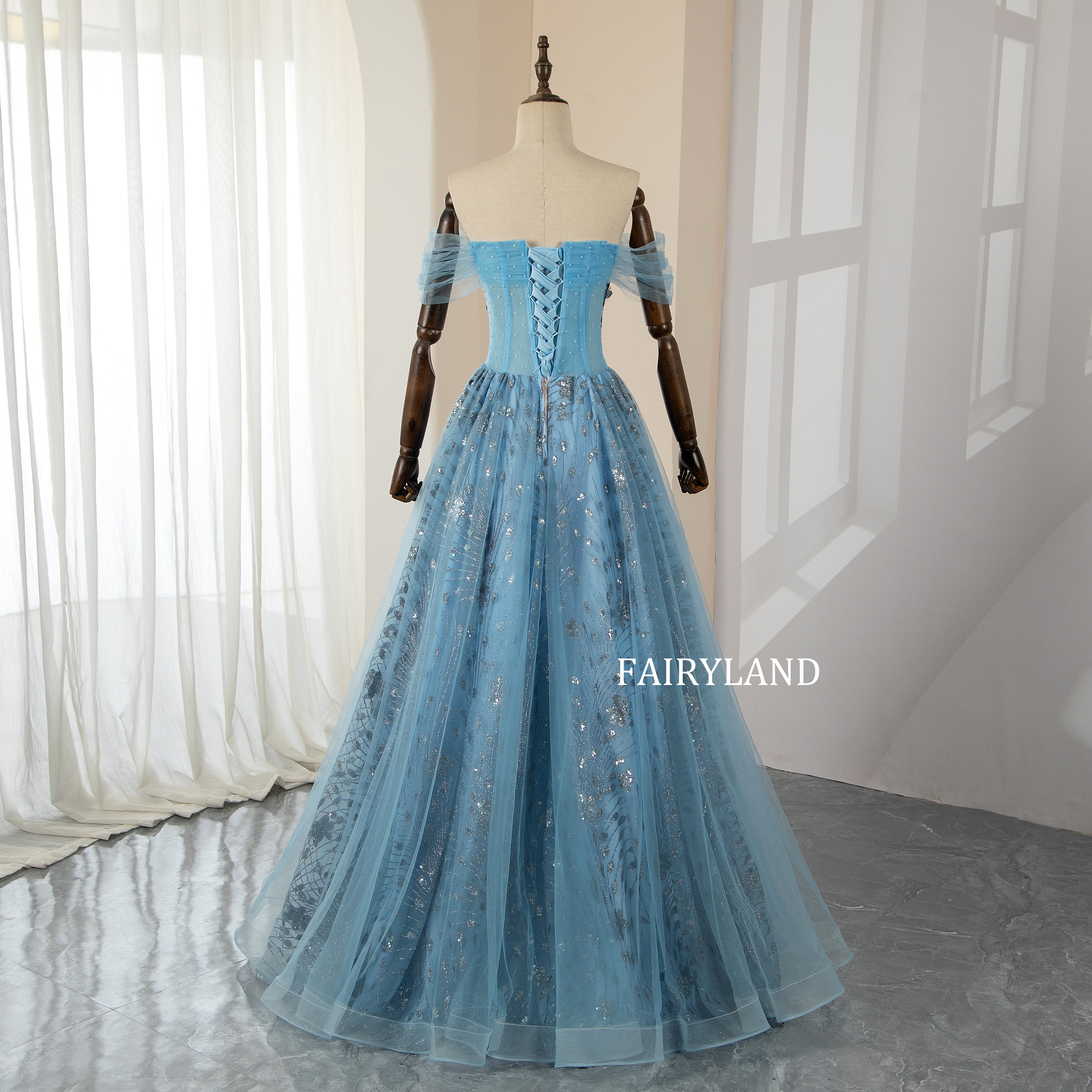 Off-Shoulder Blue Tulle Sliver Sequins Princess Dress for Prom FAIRYLAND Off-Shoulder Blue Tulle Sliver Sequins Princess Dress for Prom FAIRYLAND