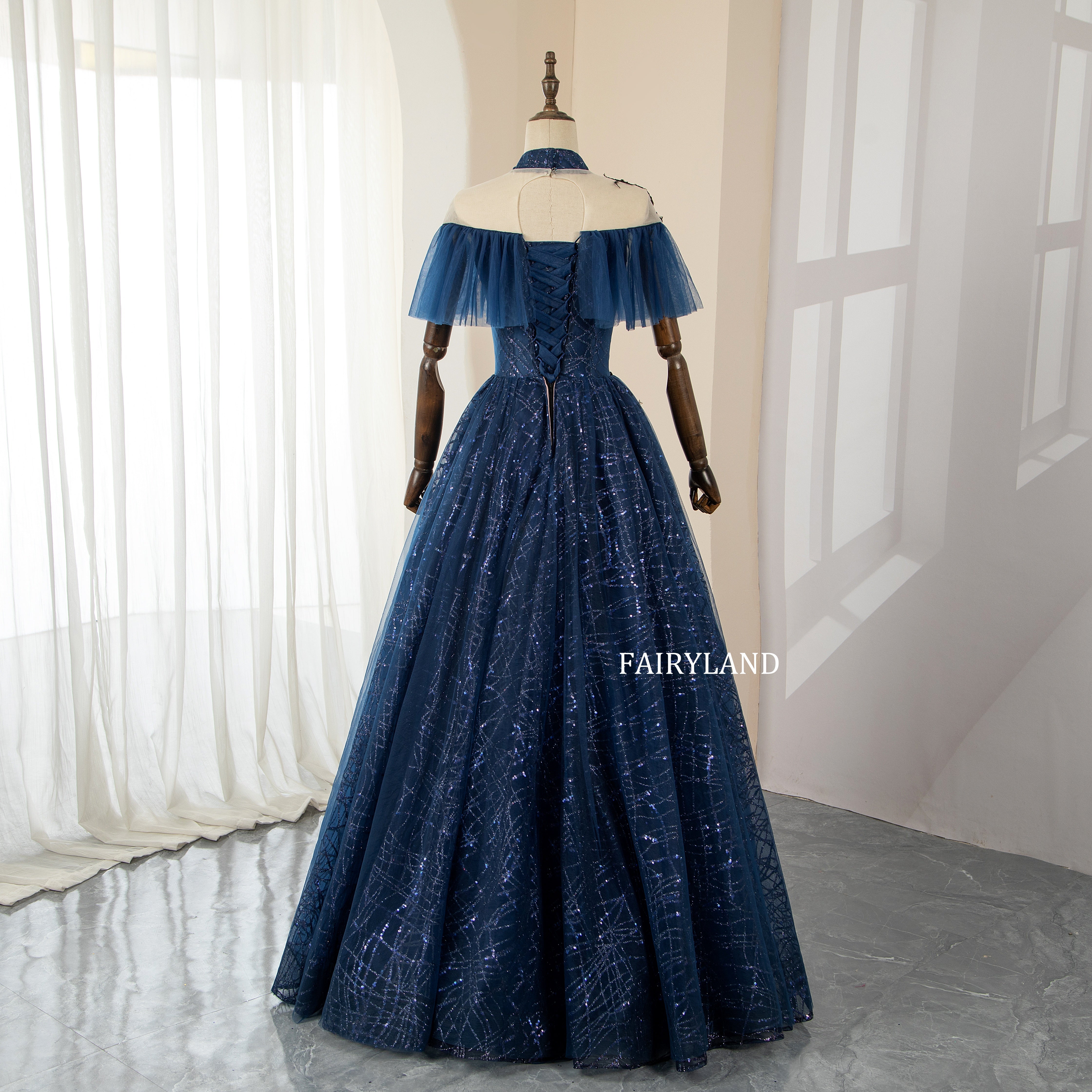 Halter Navy Blue Lace Appliques Prom Dresses With Sequins FAIRYLAND Halter Navy Blue Lace Appliques Prom Dresses With Sequins FAIRYLAND