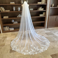 Elegant Lace Flower Bridal Veil with Sheer Sequins. Ivory Soft Tulle Cathedral Veil. Exquisite Floral Lace Wedding Veil. Peony Flower Veil.