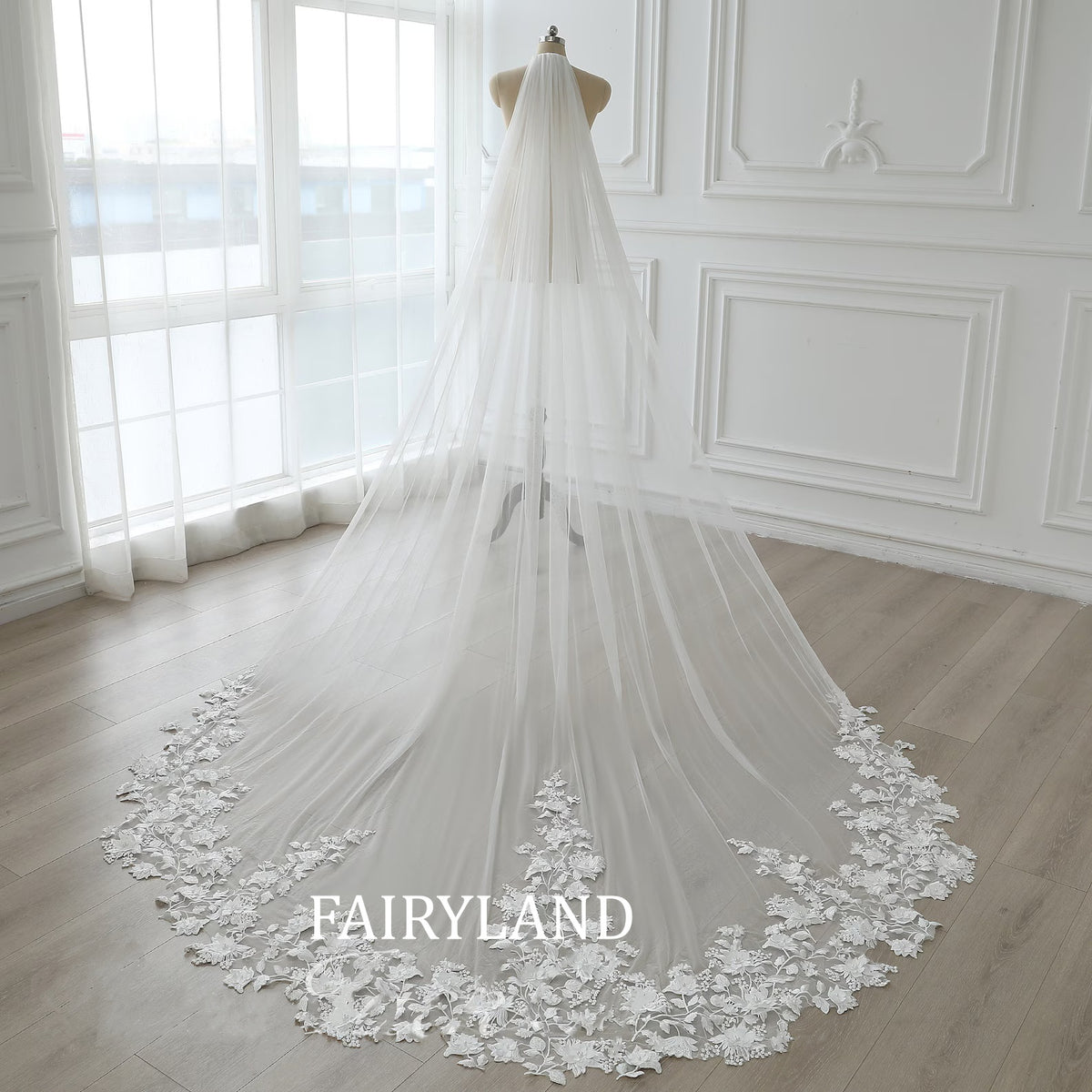 Veil Bridal Pearl 3D Scattered Small Florals, Floral Lace Wedding Veil 1 Tier 118" Cathedral, Lace Wedding Veil Custom Lengt with Comb