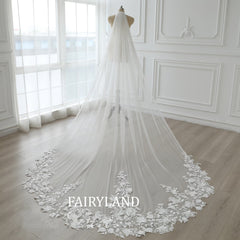 Veil Bridal Pearl 3D Scattered Small Florals, Floral Lace Wedding Veil 1 Tier 118" Cathedral, Lace Wedding Veil Custom Lengt with Comb