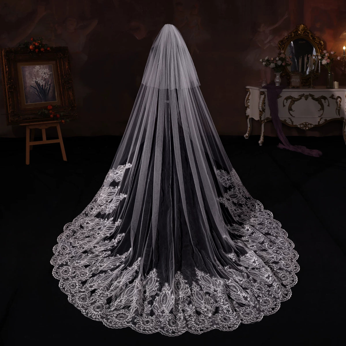 Cathedral Length Lace Wedding Veil with Heavy Embroidered Edge – Elegant Long Bridal Veil