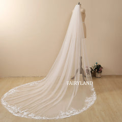Floral Lace Cathedral Wedding Veil - Vintage Flowery Design