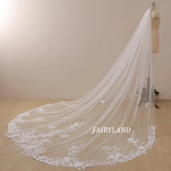 Floral Lace Cathedral Veil with Pearls, Handmade Wedding Veil