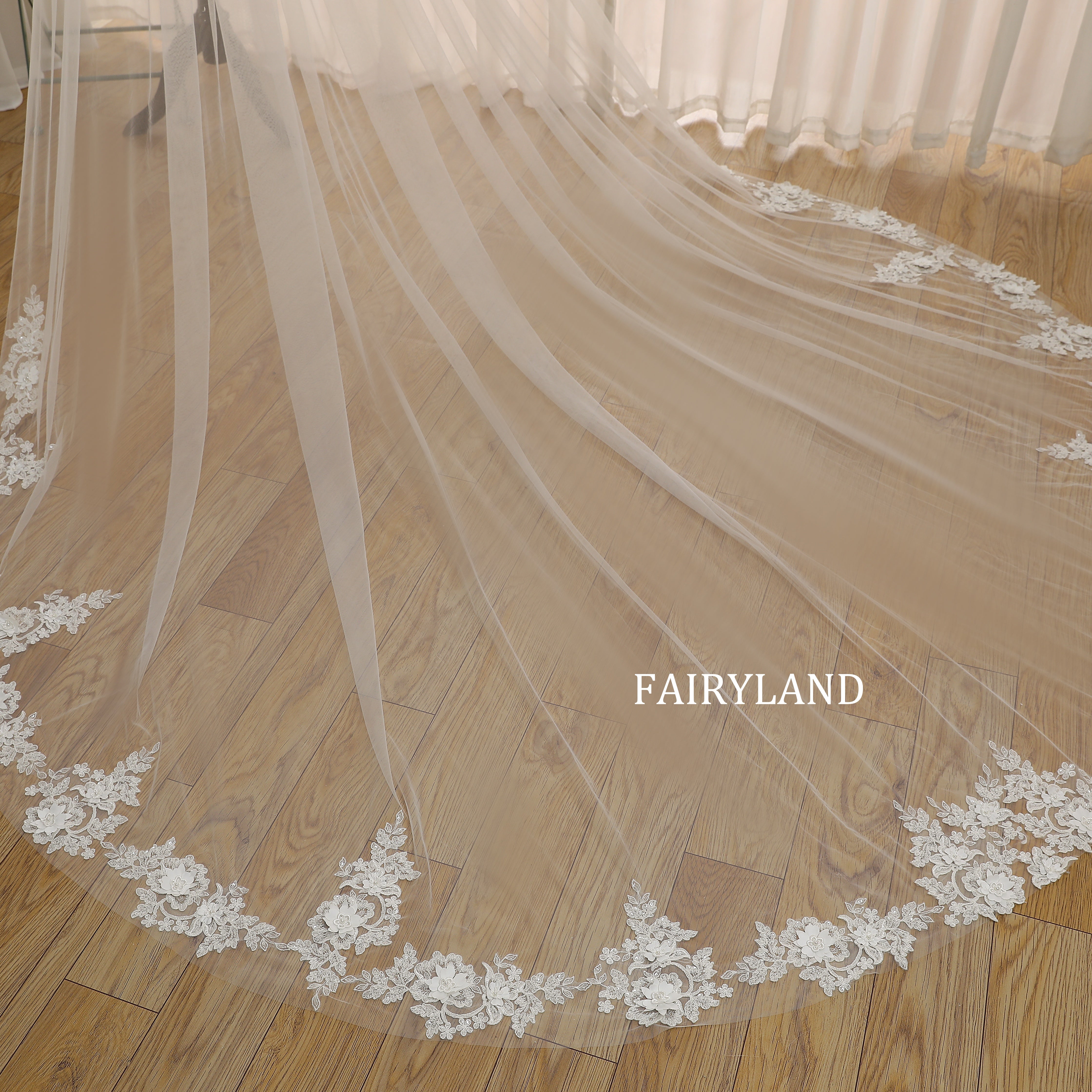 Cathedral-Length Tulle Bridal Veil with Hand-Appliquéd Floral Lace Trim